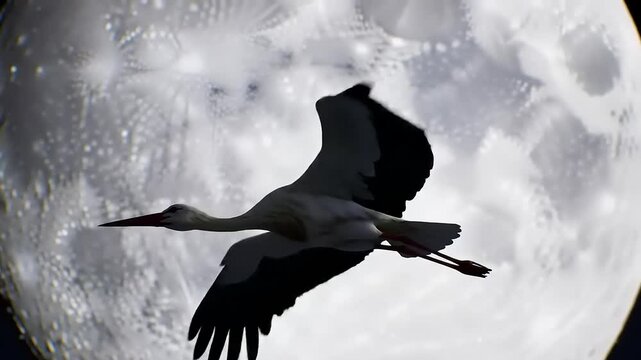Stork Flying Night Moon Sky.