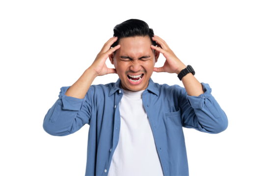 Portrait of annoyed young Asian man in casual shirt raising his hand, screaming with angry facial expression isolated on transparent background