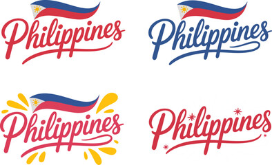 Philippines stylized curved script font with splash elements in blue red for travel design or souvenir product  