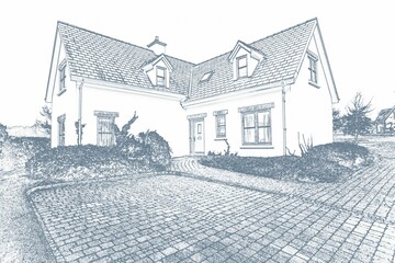 Flat design showing detached L-shaped two-story house with brick paver driveway, dormer windows