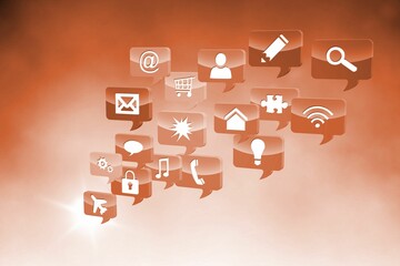 Translucent 3D speech bubbles are floating over warm orange gradient backdrop, showing tech icons