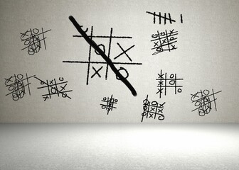 Flat illustration is showing large central tic tac toe grid on white wall featuring scribbles
