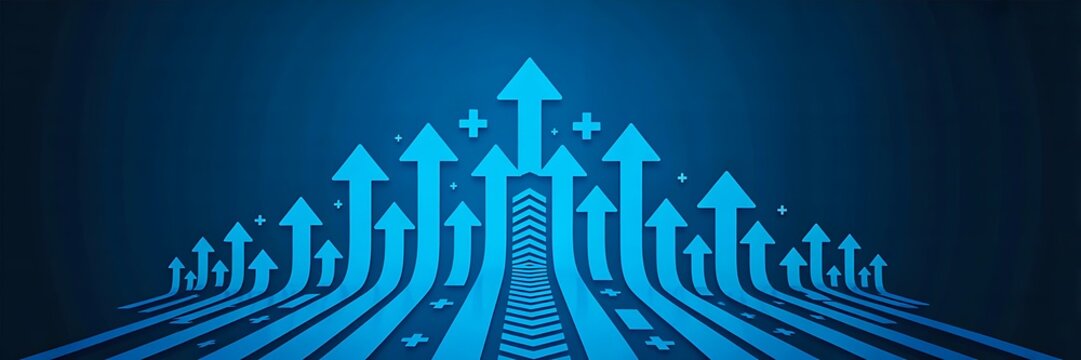 Multiple blue arrows moving upward on digital background showing growth and success
