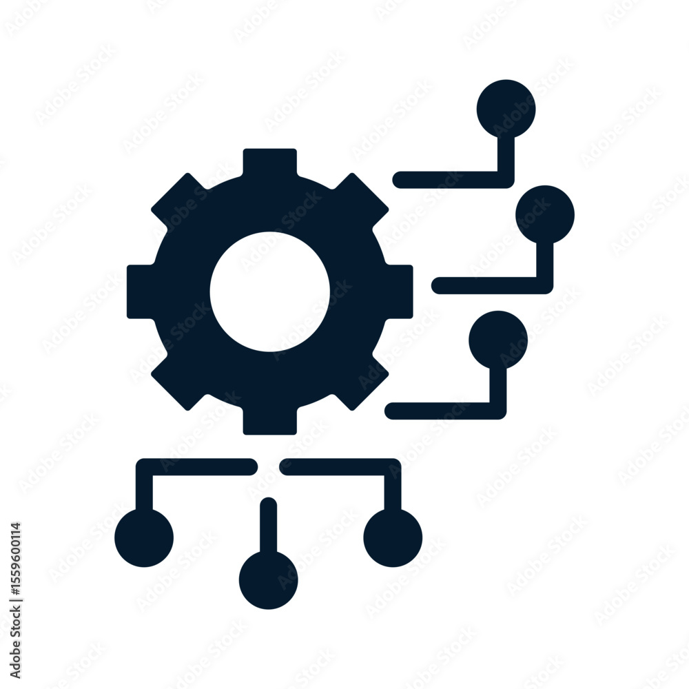 Poster gear, microcircuit. concept algorithm, digital transformation. vector linear icon isolated on white 