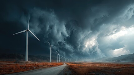 Landscape with futuristic wind turbines under dramatic sky representing renewable energy, technology, and nature