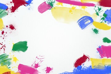Colorful paint strokes and splatters are framing flat design white canvas background, copy space