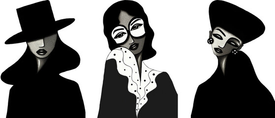 Set of black and white, bw portraits, paintings, illustrations, drawings in contemporary, traditional, retro art style of young, fashion, beautiful woman, girl, hat, glasses, PNG, isolated, cut out