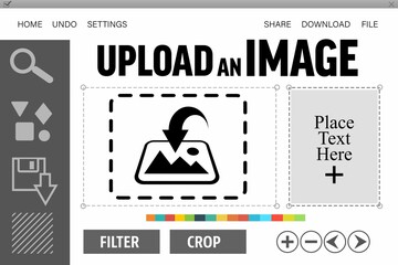Showing dashed upload zone featuring picture icon, sidebar toolbar, textbox, filter crop