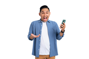 Surprised young Asian man in casual shirt using smartphone, getting great news, looking at camera isolated on transparent background
