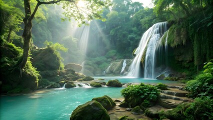 Sunlight streams through lush green trees illuminating a stunning waterfall cascading into a crystalclear pool