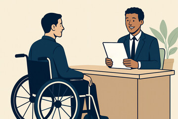 Man in wheelchair having job interview with recruiter at office desk in inclusive employment illustration