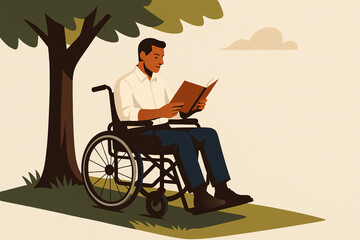  Man in wheelchair reading book under tree in outdoor park setting for relaxation and independence illustration