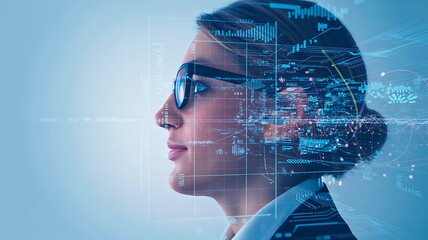 Businesswoman profile with digital data interface and futuristic virtual graphics

