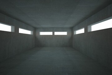 Empty concrete room is featuring bright light streaming through narrow slit windows in flat design