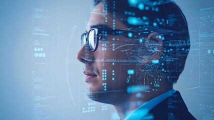 Businessman profile with digital data interface and futuristic technology graphics
