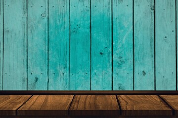 Wooden tabletop is featuring brown planks under weathered turquoise wall in flat design, copy space