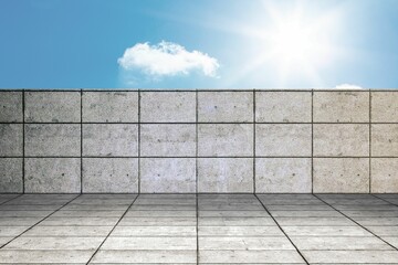 Flat design concrete block wall and tiled ground appearing under blue sky with sun, small cloud