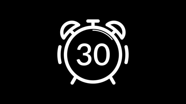 35 second countdown timer with white alarm clock on black background suitable for presentations, websites, articles, and social media posts about time management 