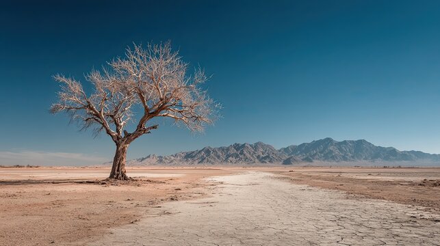 Leafless tree in arid desert landscape representing climate change, nature resilience, drought, and survival theme