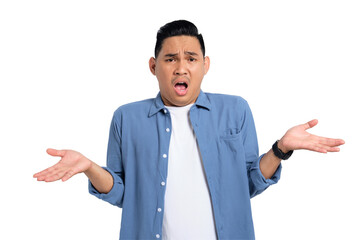 I don't know. Surprised young Asian man in casual shirt shrugging shoulders, looking at camera with...