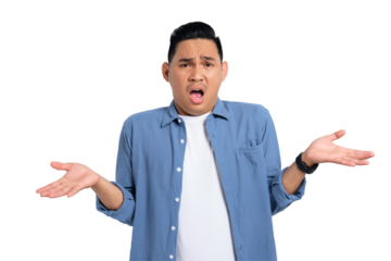 I don't know. Surprised young Asian man in casual shirt shrugging shoulders, looking at camera with confused facial expression isolated on transparent background