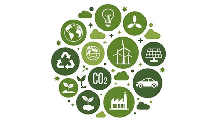 Green energy eco icons in circle design showing sustainability and renewable sources
