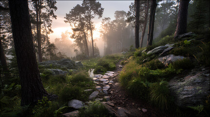 Fototapeta premium Winding Stone Trail Through Misty Forest Clearing at Sunset