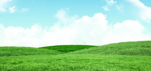 Flat art showing rolling green grass field with hills stretching under bright blue sky with clouds
