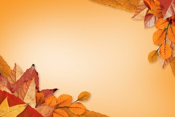 Decorating orange gradient backdrop with autumn leaves border in flat design, copy space