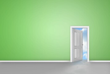 Digitally generated open door on green wall