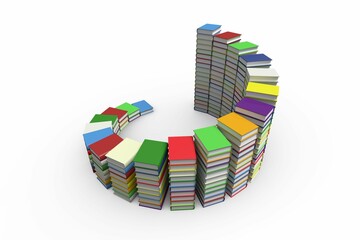 Stacks of hardcover books are forming spiral pattern in flat design layout with multicolored covers
