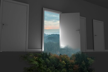 Fototapeta premium Open door in forest with trees in house