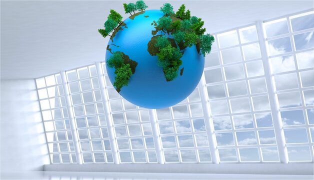 Fototapeta 3D-rendered earth globe is floating inside white atrium, featuring grid windows and green groves