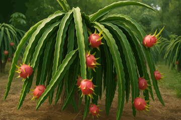 This image showcases a vibrant dragon fruit (pitaya) plant growing in a cultivated orchard. The plant features long, green, fleshy, and segmented stems that droop gracefully toward the ground. Numerou