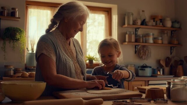 Grandmother teaching her granddaughter how to make cookies