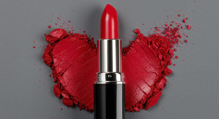 Close Up Of A Red Lipstick On A Dark Glittering Surface With Red Powder Surrounding It