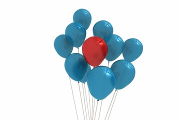 Glossy latex balloons are floating in flat design studio scene, highlighting central red balloon