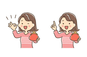 がま口財布を持っている若い女性（OKサイン・指差し）