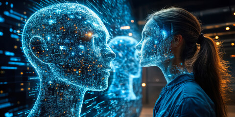 Digital human face profile composed of glowing blue data particles connected by neural network connections representing artificial intelligence and futuristic technology concept