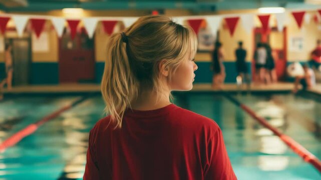 Pensive swimmer stands at the pool edge contemplating her training regimen ahead