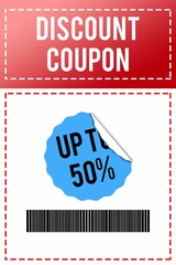 Full-width coupon graphic is showing flat layout with blue sticker, black barcode, dashed border