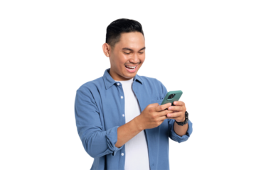 Happy young Asian man in casual shirt using smartphone for messaging with a friend isolated on transparent background