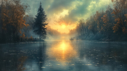 Misty autumn river landscape at sunrise with colorful fall trees reflecting on calm water and dramatic cloudy sky