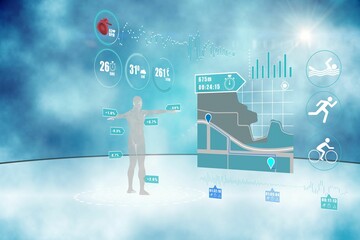 Translucent 3D silhouette is standing on platform among floating fitness icons, panels in blue mist