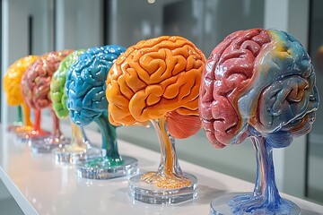 Colorful Brain Models Displayed in a Row on a White Surface with Transparent Bases and Stems