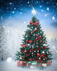 Christmas tree in snowy forest