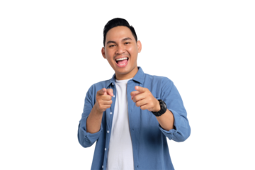 Hey, you. Cheerful young Asian man in casual shirt pointing index finger at camera, making happy choice isolated on transparent background