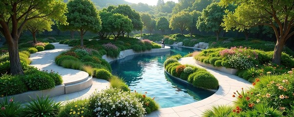 Serene Modern Landscape Design Curving Pathways, Lush Greenery, and Water Feature