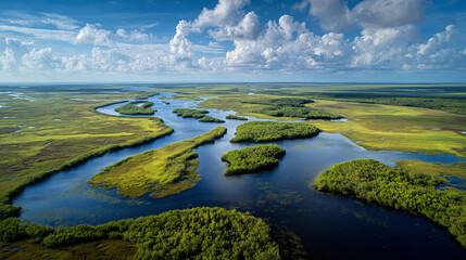 Aerial drone view of Everglades National Park showing vast wetlands, winding rivers, and lush green landscape, a natural habitat rich in wildlife and biodiversity.