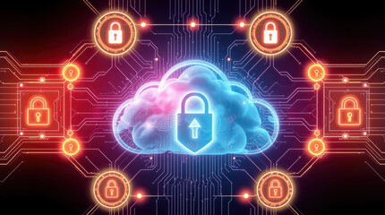 digital cloud surrounded by locks, shields, and fortifications. Secure cloud computing concept